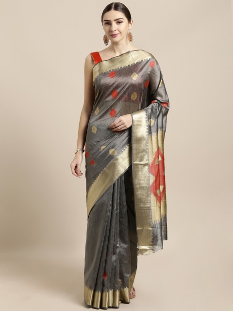 

Saree Swarg Grey & Gold-Toned Silk Blend Woven Design Banarasi Saree