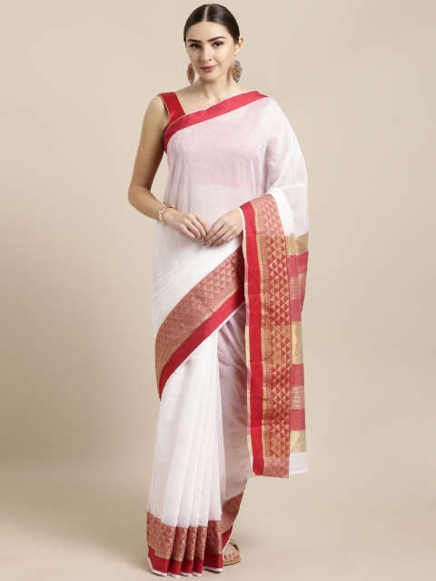 

Saree Swarg White & Red Cotton Blend Solid Saree