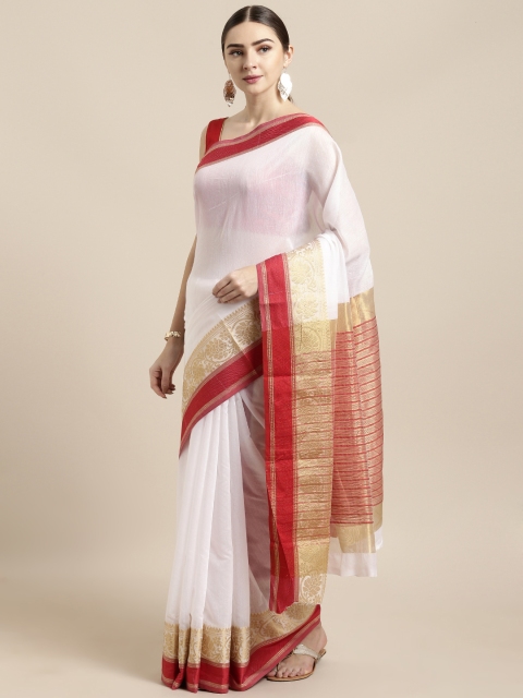 

Saree Swarg White & Red Cotton Blend Solid Saree