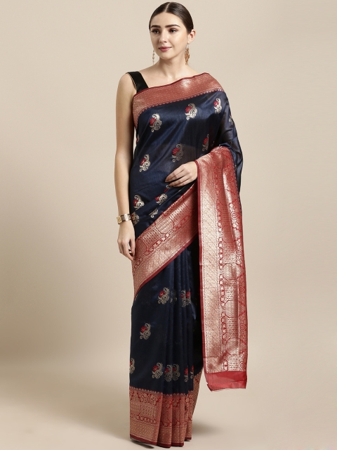 

Saree Swarg Navy Blue Silk Blend Woven Design Banarasi Saree