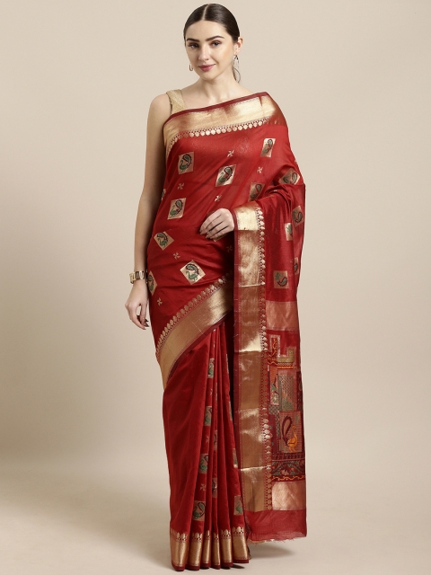 

Saree Swarg Red & Golden Cotton Blend Woven Design Baluchari Saree