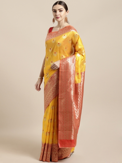 

Saree Swarg Yellow Silk Blend Woven Design Banarasi Saree