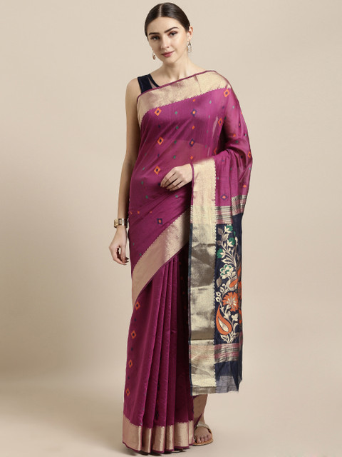 

Saree Swarg Magenta & Navy Blue Cotton Blend Woven Design Banarasi Saree