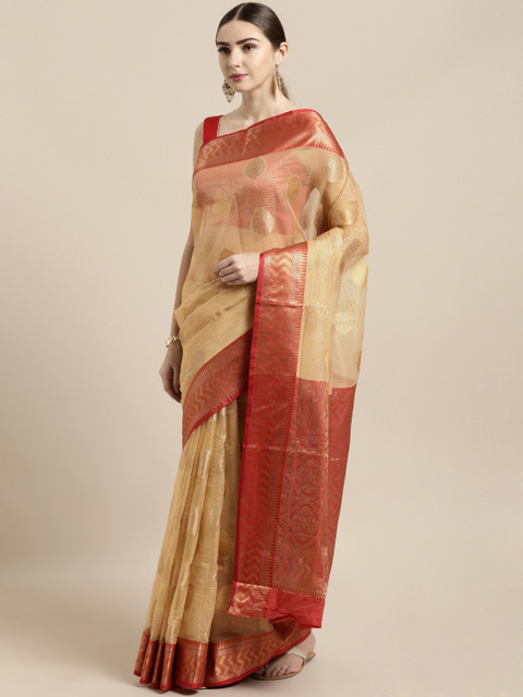 

Saree Swarg Beige & Maroon Organza Woven Design Banarasi Saree