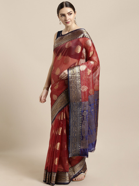

Saree Swarg Maroon & Golden Organza Woven Design Banarasi Saree