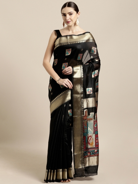 

Saree Swarg Black & Golden Cotton Blend Woven Design Baluchari Saree