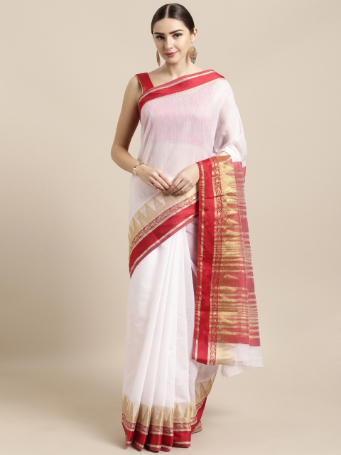 

Saree Swarg White & Red Cotton Blend Solid Banarasi Saree