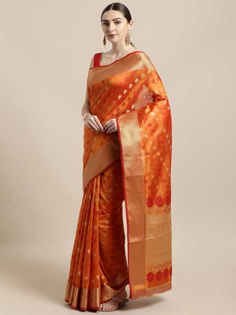 

Saree Swarg Orange & Gold-Toned Silk Blend Woven Design Banarasi Saree