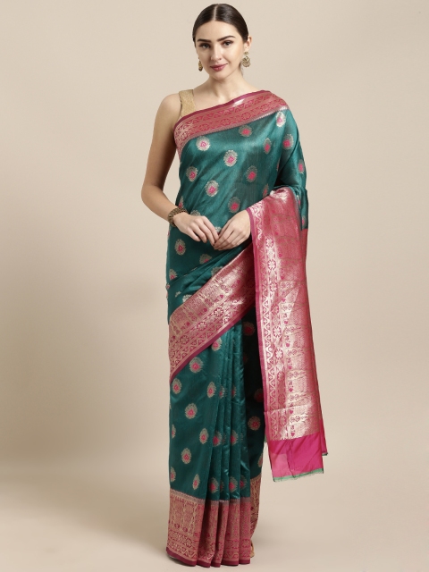 

Saree Swarg Green & Pink Silk Blend Woven Design Banarasi Saree