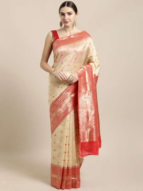 

Saree Swarg Cream-Coloured & Red Silk Blend Woven Design Banarasi Saree