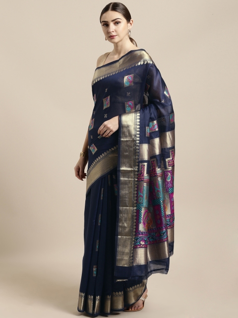 

Saree Swarg Navy Blue Cotton Blend Woven Design Baluchari Saree
