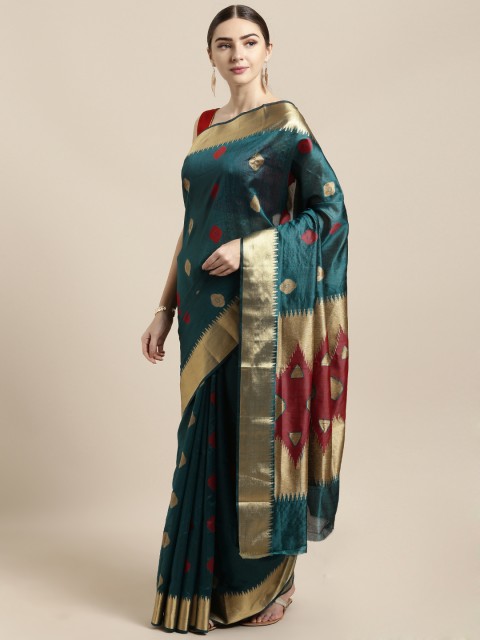 

Saree Swarg Teal Green Silk Blend Woven Design Banarasi Saree