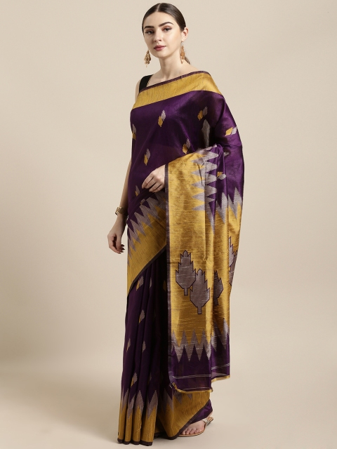 

Saree Swarg Purple & Mustard Yellow Silk Blend Woven Design Banarasi Saree