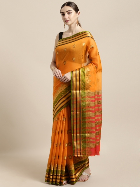 

Saree Swarg Mustard Yellow Cotton Blend Woven Design Chanderi Saree
