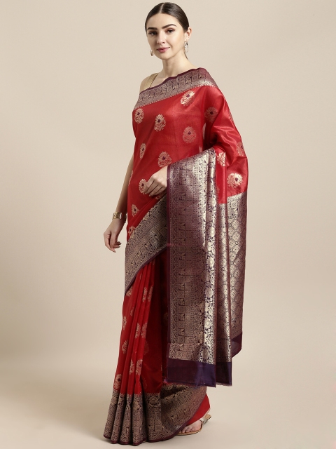 

Saree Swarg Red Silk Blend Woven Design Banarasi Saree