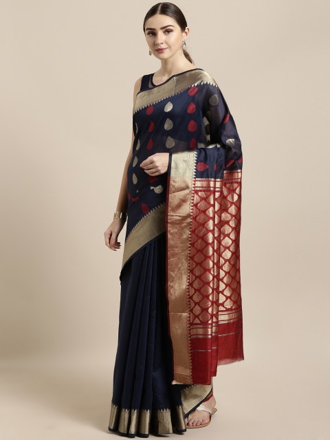 

Saree Swarg Navy Blue Cotton Blend Woven Design Banarasi Saree