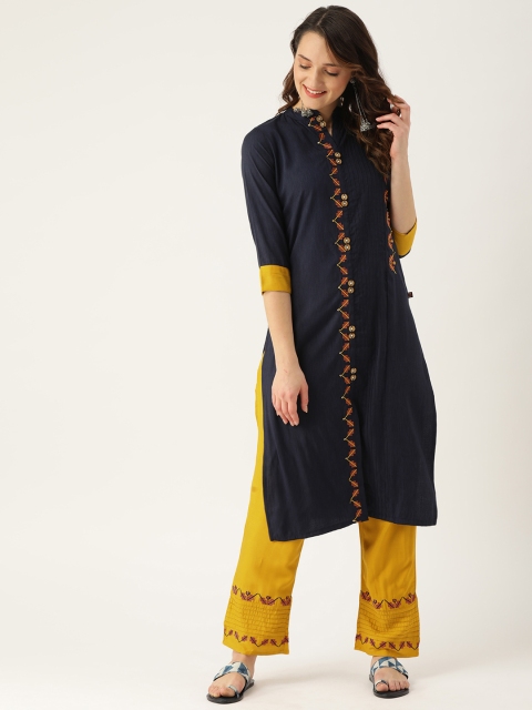 

RAISIN Women Navy Blue & Mustard Yellow Embroidered Kurta with Palazzos