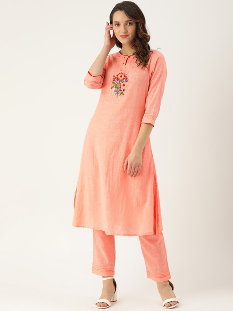 

RAISIN Women Peach-Coloured Embroidered Kurta with Trousers