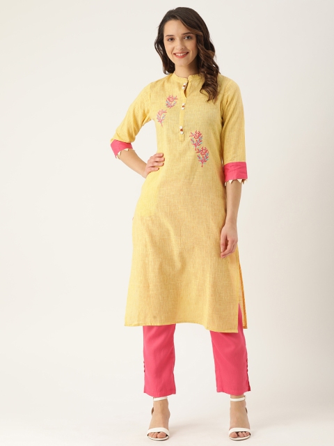 

RAISIN Women Yellow & Pink Embroidered Kurta with Trousers