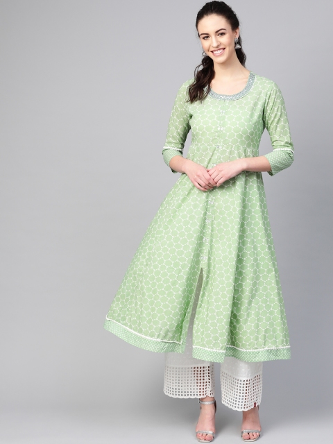 

Azira Women Green & White Printed A-Line Kurta