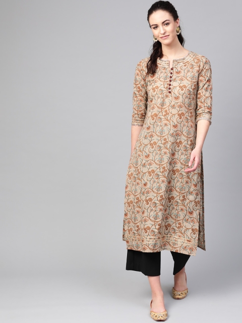 

Azira Women Taupe & Green Printed Straight Kurta