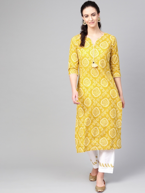 

Azira Women Mustard Yellow & White Bandhani Print Kurta with Palazzos