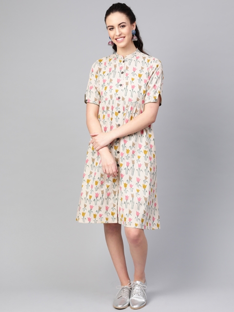 

Azira Women Beige & Pink Floral Print Shift Dress