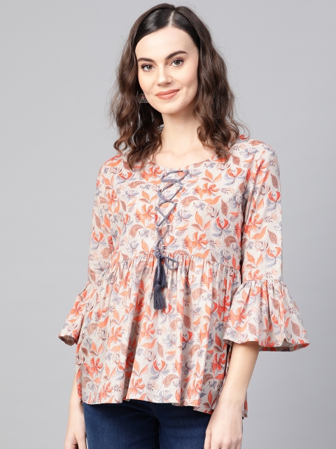 

Azira Women Grey & Orange Printed Top