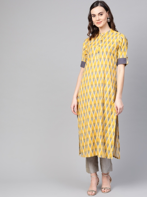 

Azira Women Mustard Yellow & Grey Ikat Printed Straight Kurta