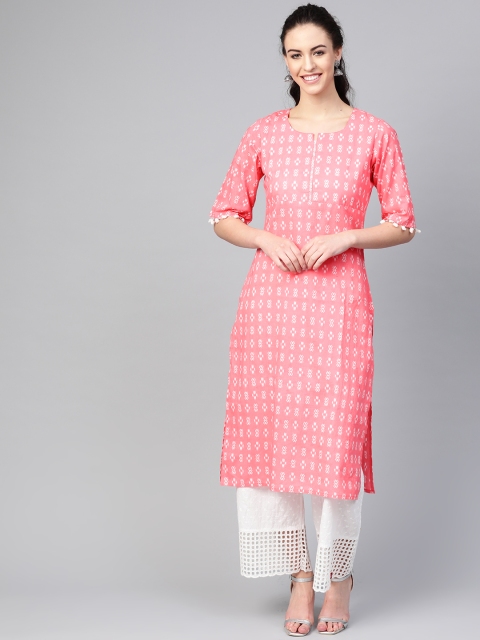 

Azira Women Pink & White Ikat Print Straight Kurta
