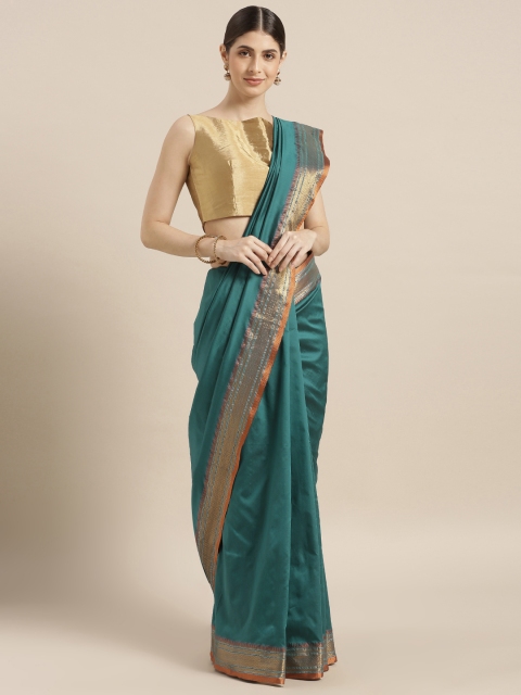 

Sugathari Teal Green Silk Blend Solid Banarasi Saree