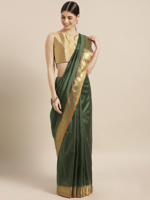 

Sugathari Green Silk Blend Solid Banarasi Saree
