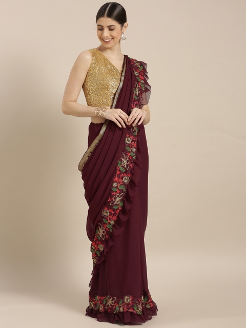 

Sugathari Burgundy Solid Poly Georgette Aari Work Saree with Ruffles