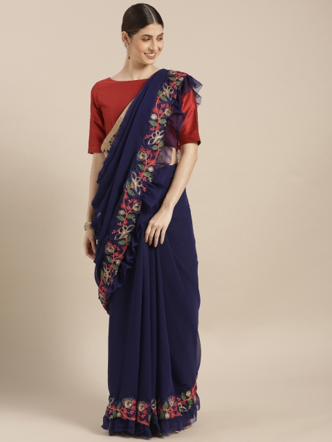 

Sugathari Navy Blue Solid Poly Georgette Saree With Ruffles Detail