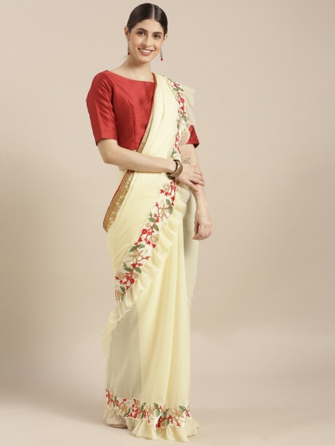 

Sugathari Cream-Coloured Solid Poly Georgette Saree With Ruffles Detail