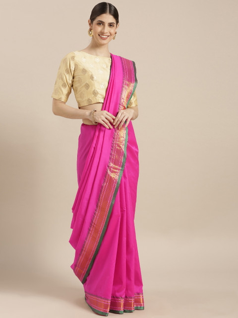

Sugathari Pink Silk Blend Solid Banarasi Saree