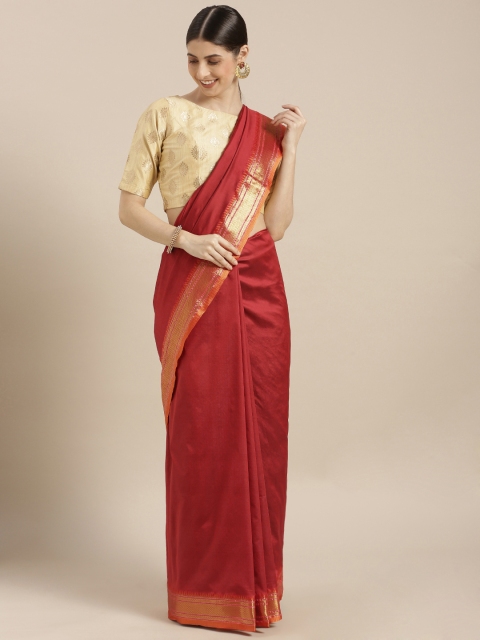 

Sugathari Red Silk Blend Solid Banarasi Saree