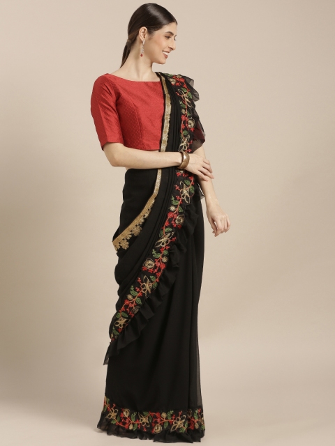 

Sugathari Black Solid Poly Georgette Saree With Ruffles Detail