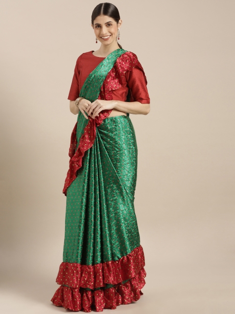 

Sugathari Green & Red Poly Crepe Printed Saree With Ruffles Detail
