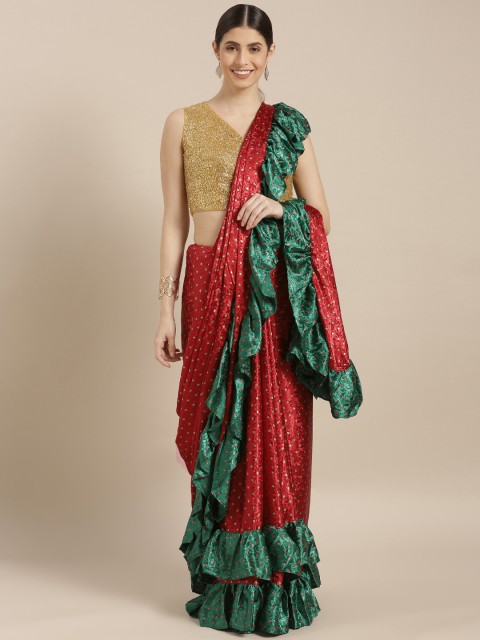 

Sugathari Red Printed Poly Crepe Saree with Ruffles