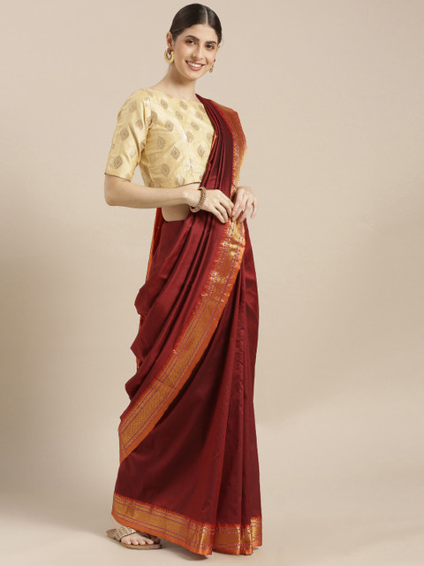 

Sugathari Maroon Silk Blend Solid Banarasi Saree