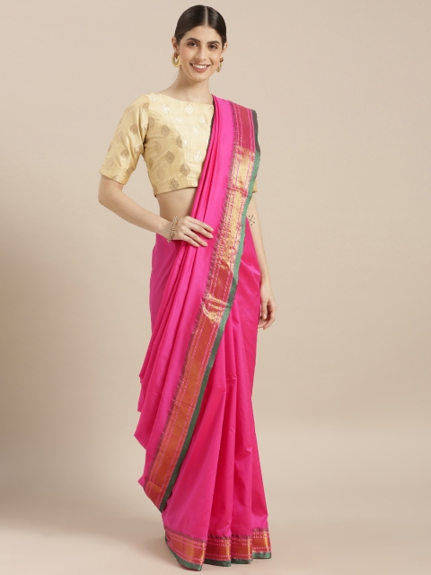 

Sugathari Pink Silk Blend Solid Banarasi Saree