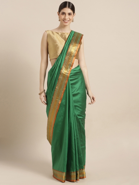 

Sugathari Green Silk Blend Solid Banarasi Saree