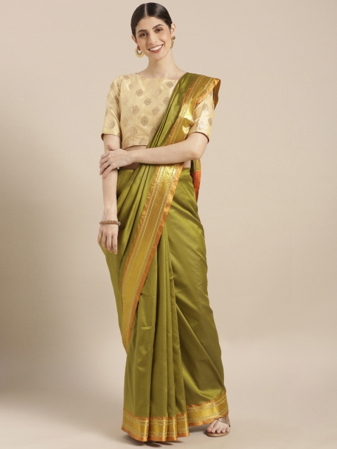 

Sugathari Olive Green Silk Blend Solid Banarasi Saree