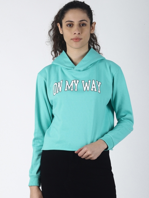 

Blue Saint Women Blue & White Printed Hooded Cropped Sweatshirt