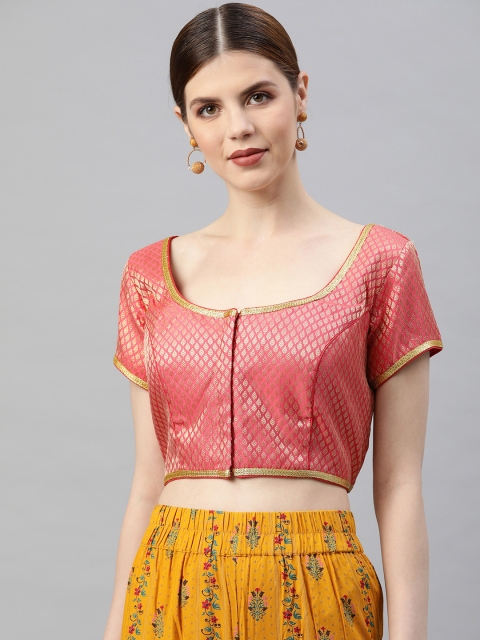 

Soch Women Coral Pink Woven Design Ready To Wear Saree Blouse