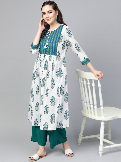 

Varanga Women White & Blue Printed A-Line Kurta