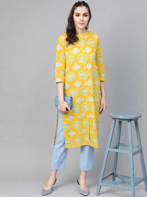 

Varanga Women Mustard Yellow & Turquoise Blue Screen Print Straight Kurta