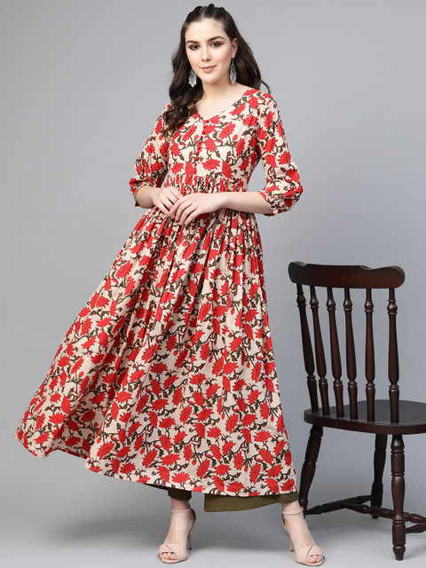 

Varanga Women Cream-Coloured & Red Floral Print Anarkali Kurta
