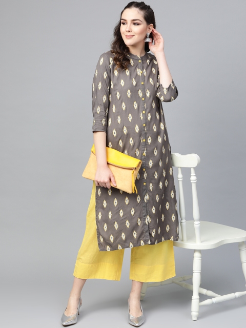 

Varanga Women Charcoal Grey & Yellow Printed Straight Kurta